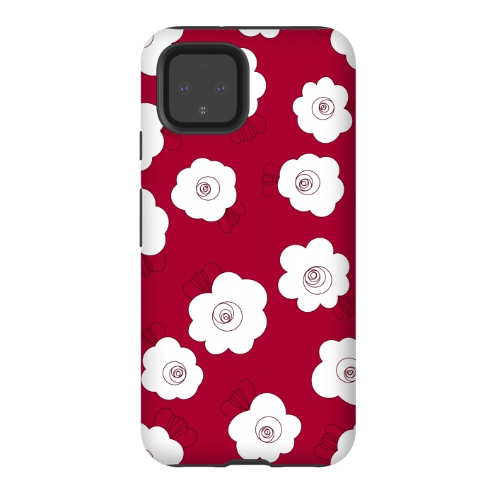 Pixel 4 StrongFit Fluffy Flowers - White on Red by Paula Ohreen
