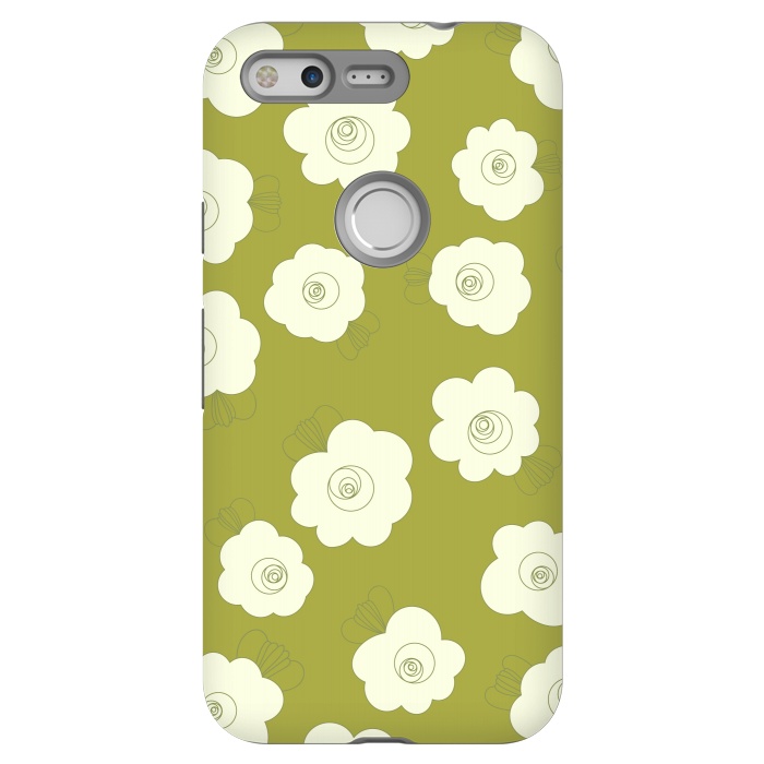 Pixel StrongFit Fluffy Flowers - White on Grass Green by Paula Ohreen