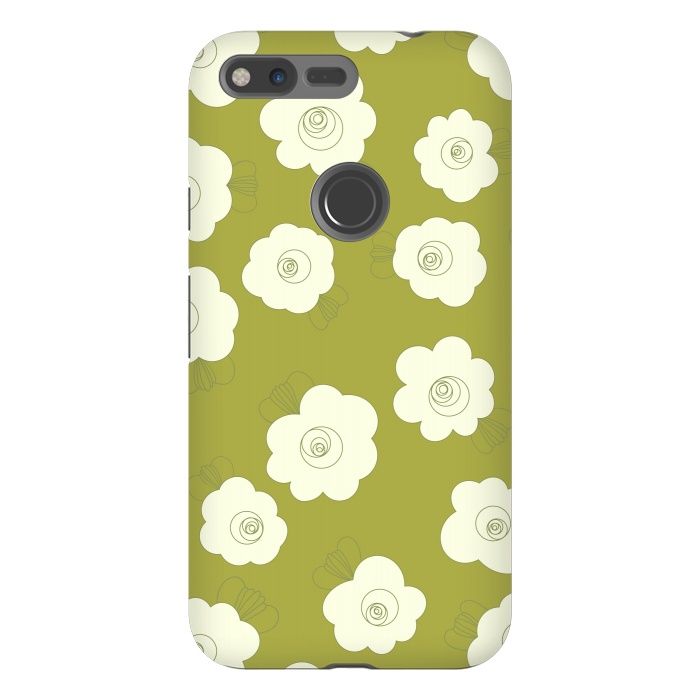 Pixel XL StrongFit Fluffy Flowers - White on Grass Green by Paula Ohreen