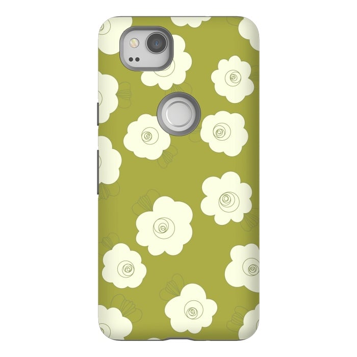 Pixel 2 StrongFit Fluffy Flowers - White on Grass Green by Paula Ohreen