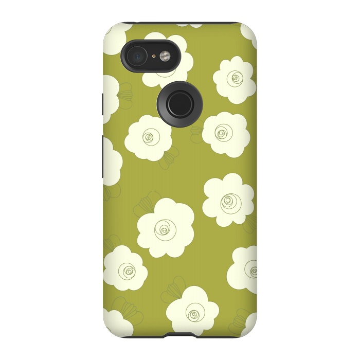 Pixel 3 StrongFit Fluffy Flowers - White on Grass Green by Paula Ohreen