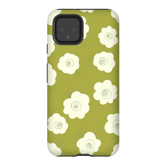 Pixel 4 StrongFit Fluffy Flowers - White on Grass Green by Paula Ohreen