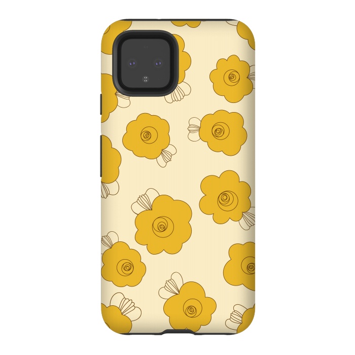 Pixel 4 StrongFit Fluffy Flowers - Mustard on Lemon Yellow by Paula Ohreen