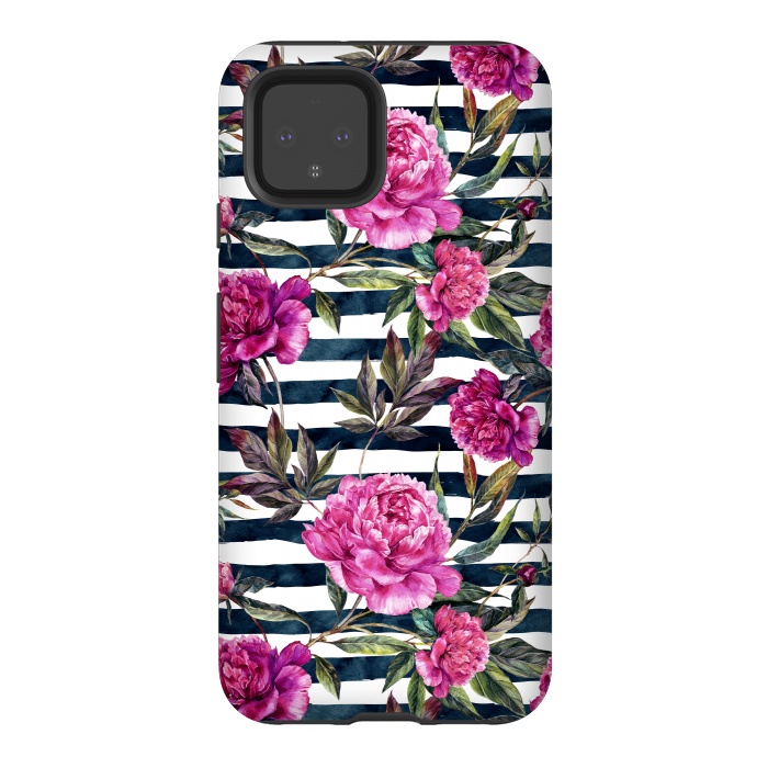 Pixel 4 StrongFit Pink peonies and black stripes by  Utart