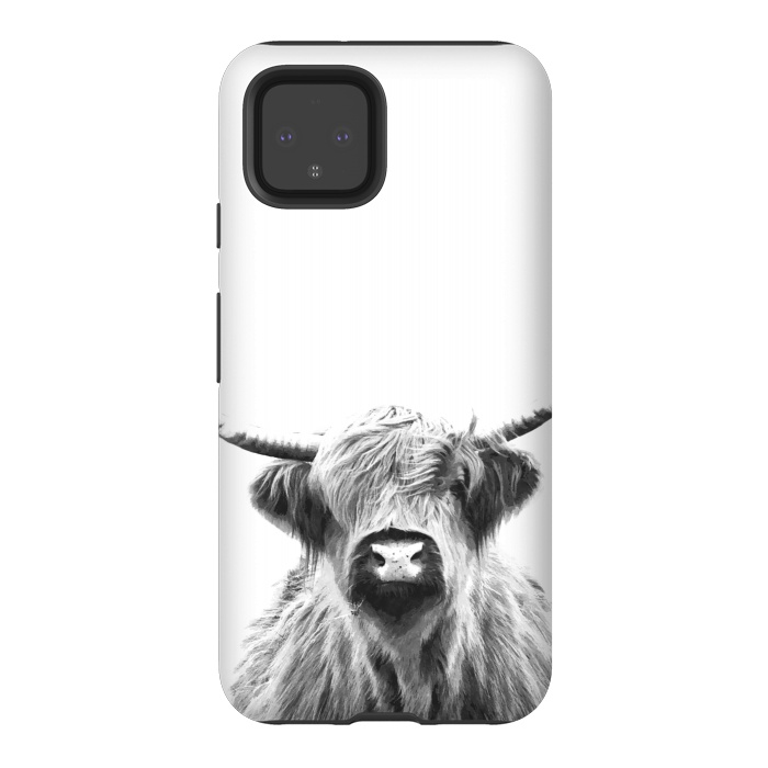 Pixel 4 StrongFit Black and White Highland Cow by Alemi