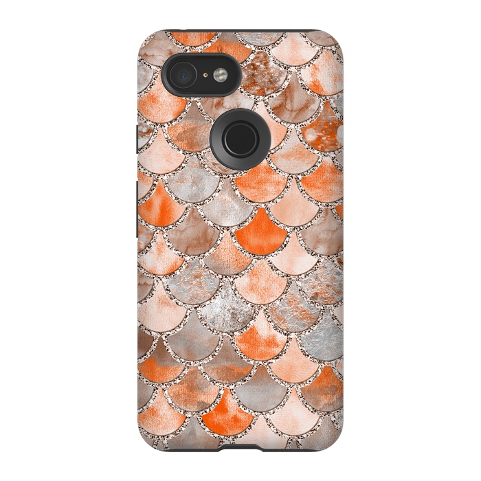 Pixel 3 StrongFit Salmon Peach and Silver Glitter WAtercolor Mermaid Scales by  Utart