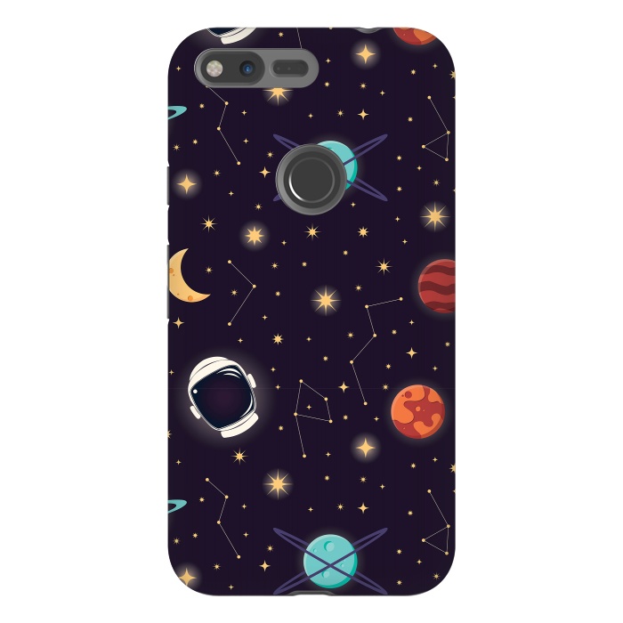 Pixel XL StrongFit Universe with planets, stars and astronaut helmet seamless pattern, cosmos starry night sky, vector illustration by Jelena Obradovic