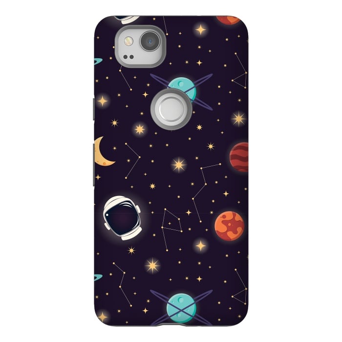 Pixel 2 StrongFit Universe with planets, stars and astronaut helmet seamless pattern, cosmos starry night sky, vector illustration by Jelena Obradovic