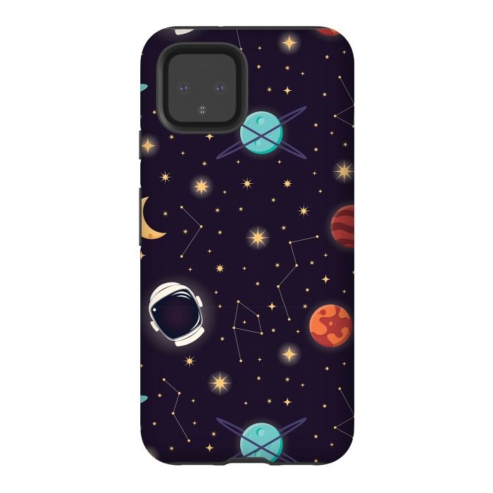 Pixel 4 StrongFit Universe with planets, stars and astronaut helmet seamless pattern, cosmos starry night sky, vector illustration by Jelena Obradovic
