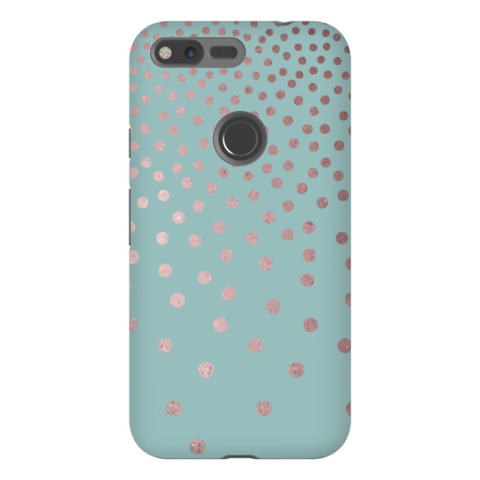 Pixel XL StrongFit Shiny Rosegold Polka Dots On Teal by Andrea Haase