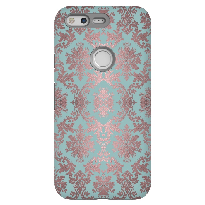 Pixel StrongFit Rose Gold Teal Damask Pattern 2 by Andrea Haase