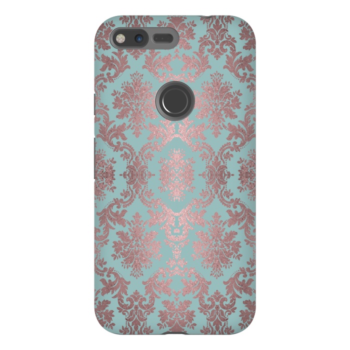 Pixel XL StrongFit Rose Gold Teal Damask Pattern 2 by Andrea Haase