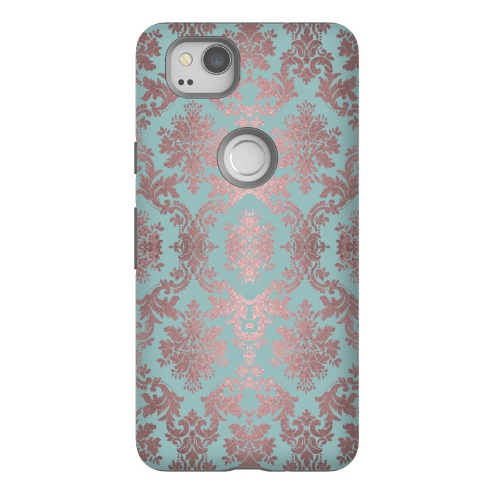 Pixel 2 StrongFit Rose Gold Teal Damask Pattern 2 by Andrea Haase