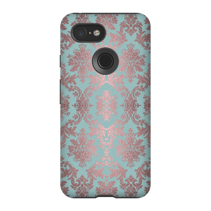 Pixel 3 StrongFit Rose Gold Teal Damask Pattern 2 by Andrea Haase