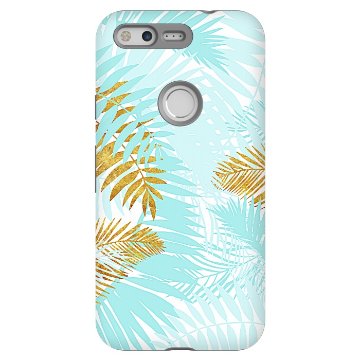 Pixel StrongFit Teal and Gold Palm Leaves by  Utart