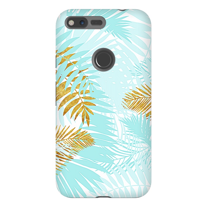Pixel XL StrongFit Teal and Gold Palm Leaves by  Utart