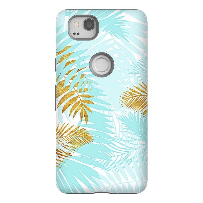 Pixel 2 StrongFit Teal and Gold Palm Leaves by  Utart