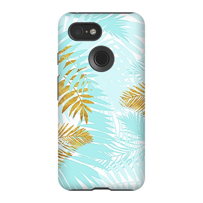Pixel 3 StrongFit Teal and Gold Palm Leaves by  Utart