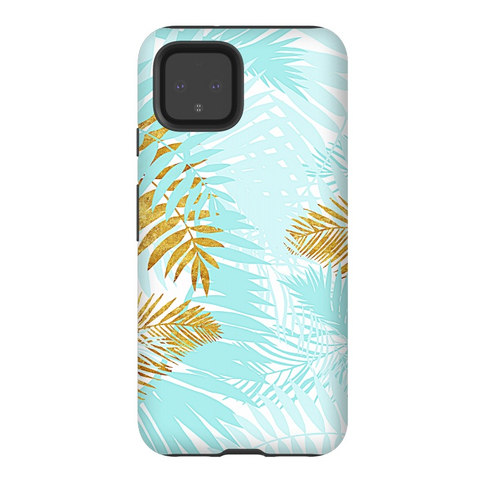 Pixel 4 StrongFit Teal and Gold Palm Leaves by  Utart