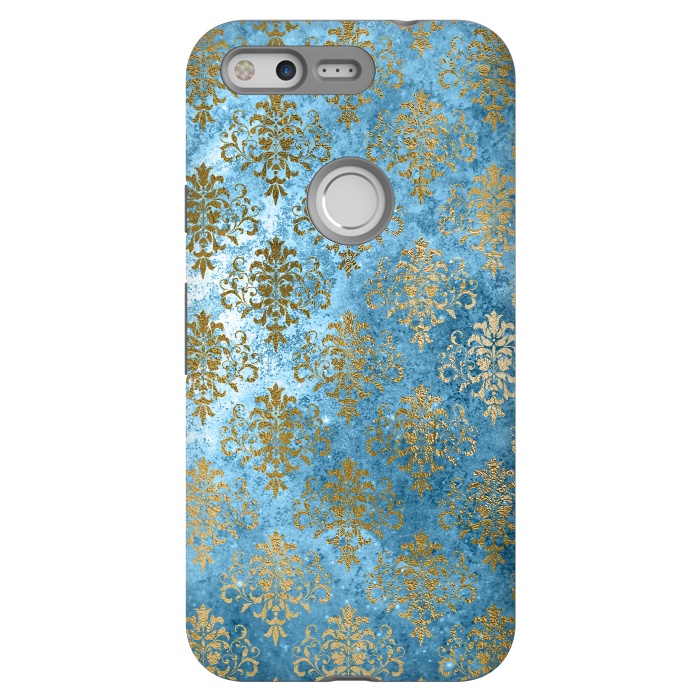 Pixel StrongFit Blue and Gold Trendy Vintage Damask Pattern by  Utart
