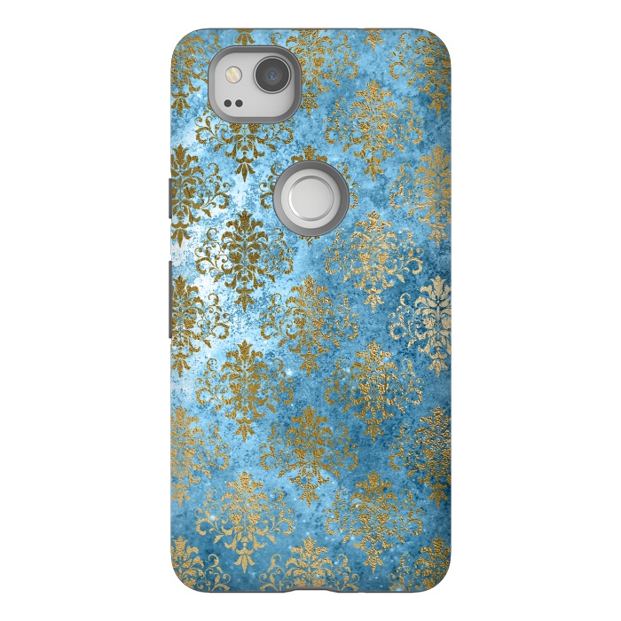 Pixel 2 StrongFit Blue and Gold Trendy Vintage Damask Pattern by  Utart