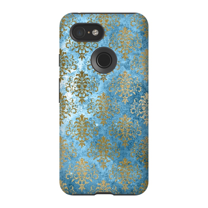 Pixel 3 StrongFit Blue and Gold Trendy Vintage Damask Pattern by  Utart