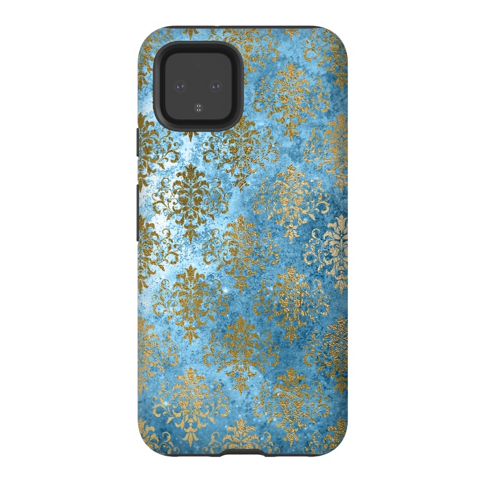 Pixel 4 StrongFit Blue and Gold Trendy Vintage Damask Pattern by  Utart