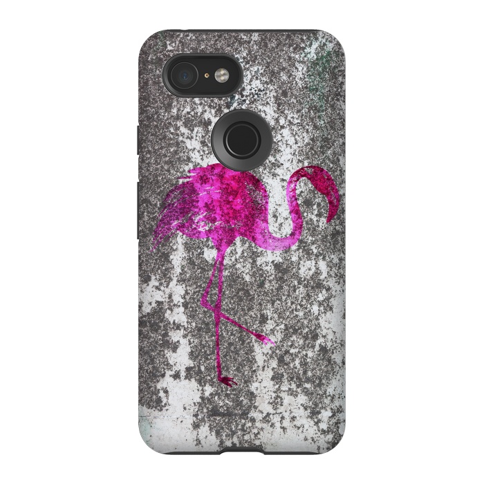 Pixel 3 StrongFit Pink Flamingo Bird On Grunge Wall by Andrea Haase