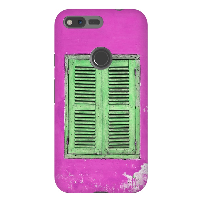 Pixel XL StrongFit Turquoise Green Shutters In Pink Wall by Andrea Haase