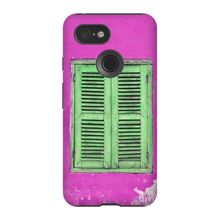 Pixel 3 StrongFit Turquoise Green Shutters In Pink Wall by Andrea Haase