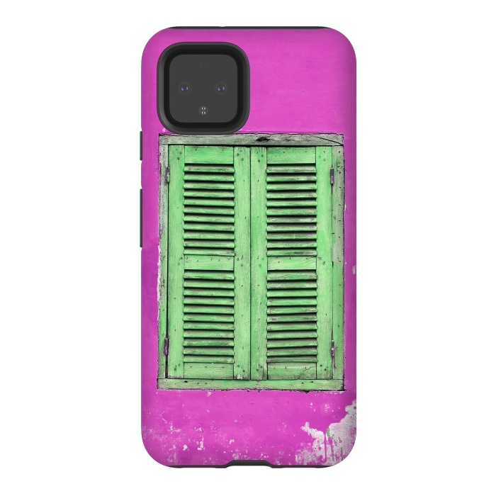 Pixel 4 StrongFit Turquoise Green Shutters In Pink Wall by Andrea Haase