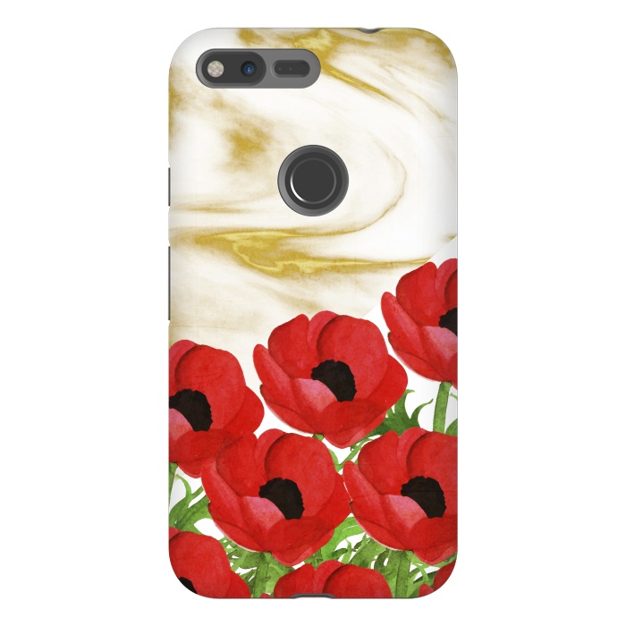 Pixel XL StrongFit Red Flowers on Marbel by Rossy Villarreal