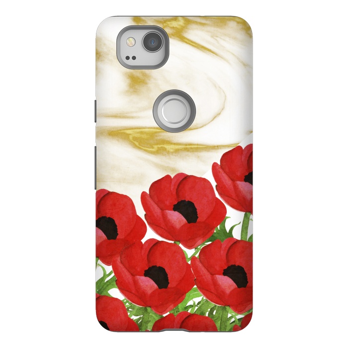 Pixel 2 StrongFit Red Flowers on Marbel by Rossy Villarreal