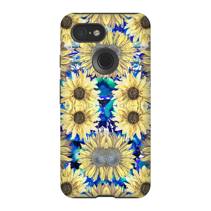Pixel 3 StrongFit Watercolor painted sunflowers and blue foliage by Oana 