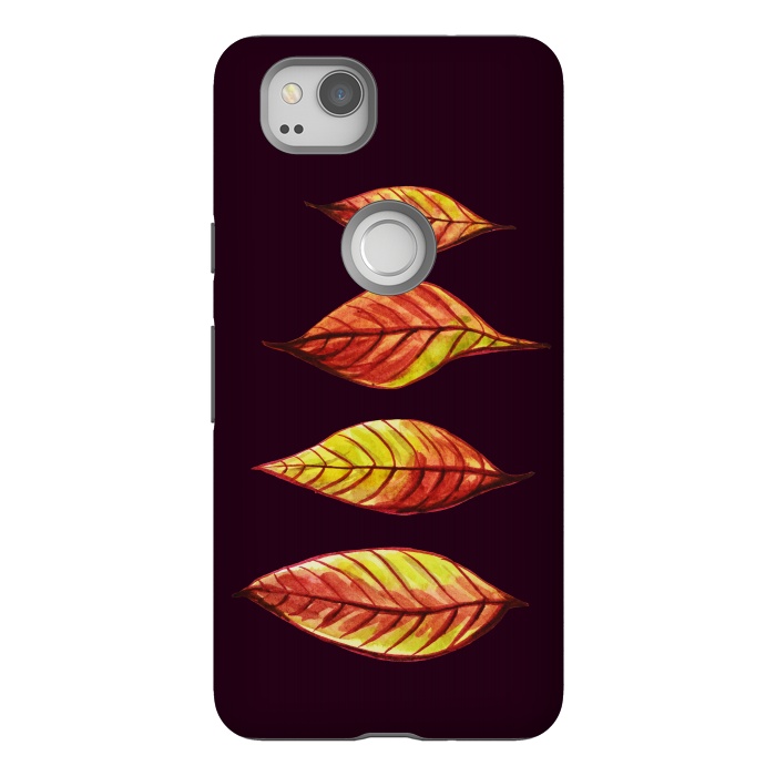 Pixel 2 StrongFit Four Red Yellow Ink Watercolor Painted Autumn Leaves by Boriana Giormova
