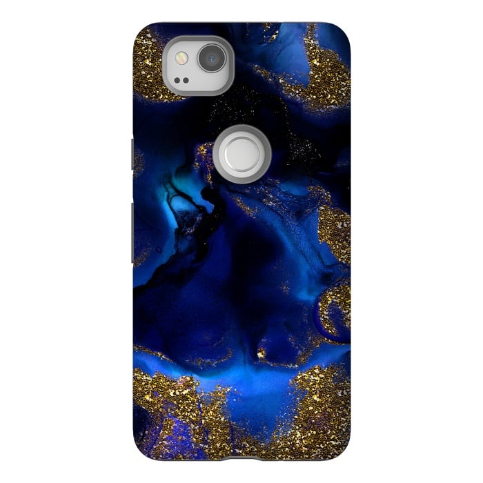 Pixel 2 StrongFit Indigo Blue and Gold Glitter Marble by  Utart