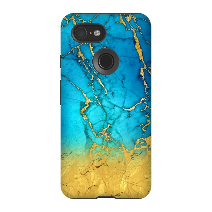 Pixel 3 StrongFit Sea Blue and Sun Gold Marble and Glitter by  Utart