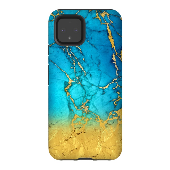 Pixel 4 StrongFit Sea Blue and Sun Gold Marble and Glitter by  Utart
