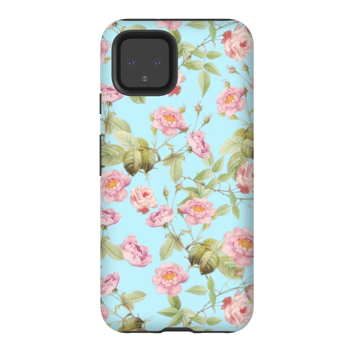 Pixel 4 StrongFit Pastel Teal and Pink Roses Pattern by  Utart