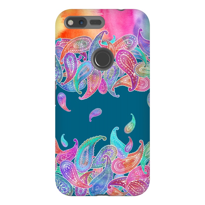 Pixel XL StrongFit Rainbow Paisley Rain on Blue by Micklyn Le Feuvre