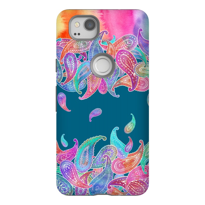 Pixel 2 StrongFit Rainbow Paisley Rain on Blue by Micklyn Le Feuvre