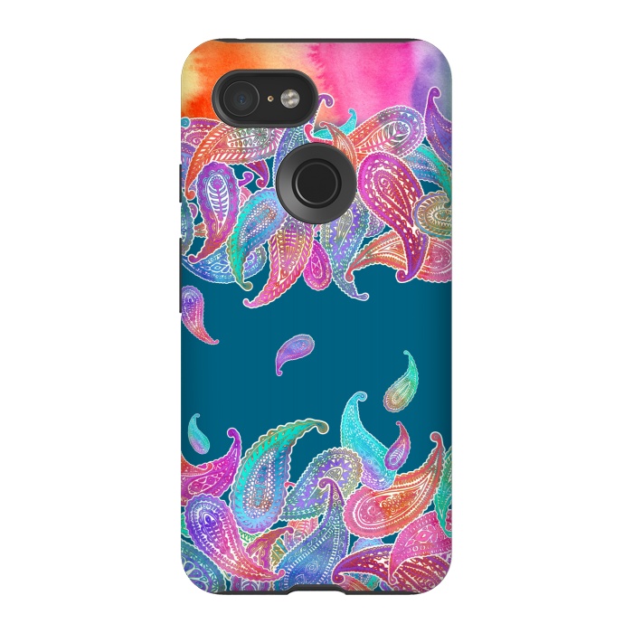 Pixel 3 StrongFit Rainbow Paisley Rain on Blue by Micklyn Le Feuvre