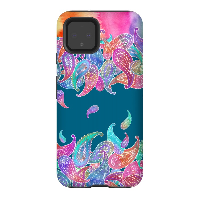 Pixel 4 StrongFit Rainbow Paisley Rain on Blue by Micklyn Le Feuvre