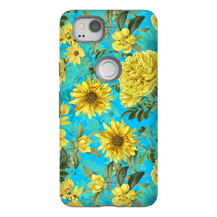 Pixel 2 StrongFit Sunflowers and Yellow Roses on Teal Pattern by  Utart