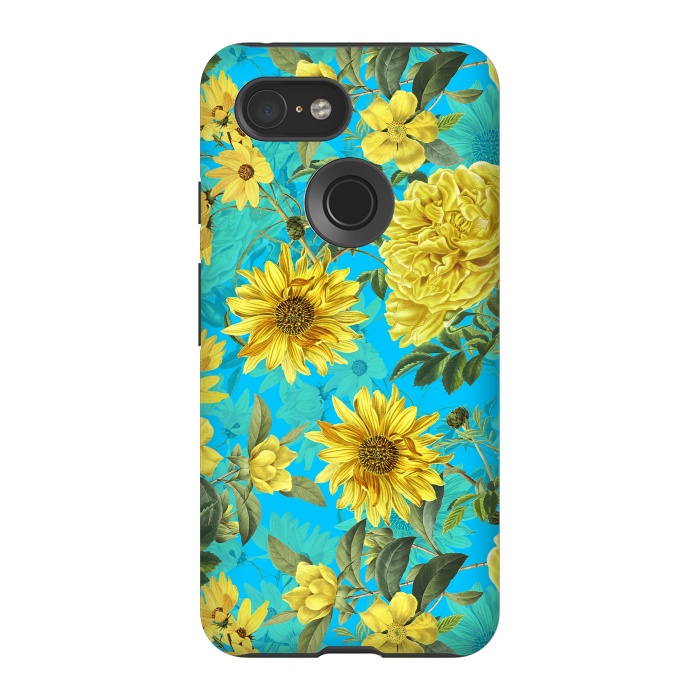Pixel 3 StrongFit Sunflowers and Yellow Roses on Teal Pattern by  Utart