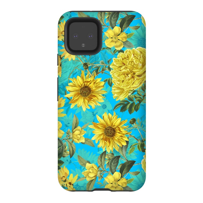 Pixel 4 StrongFit Sunflowers and Yellow Roses on Teal Pattern by  Utart