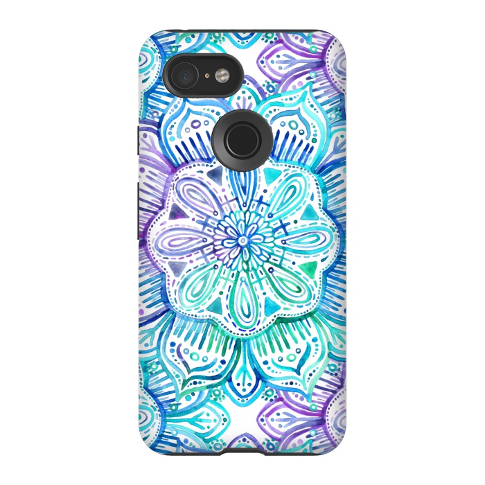 Pixel 3 StrongFit Iridescent Aqua and Purple Watercolor Mandala by Micklyn Le Feuvre