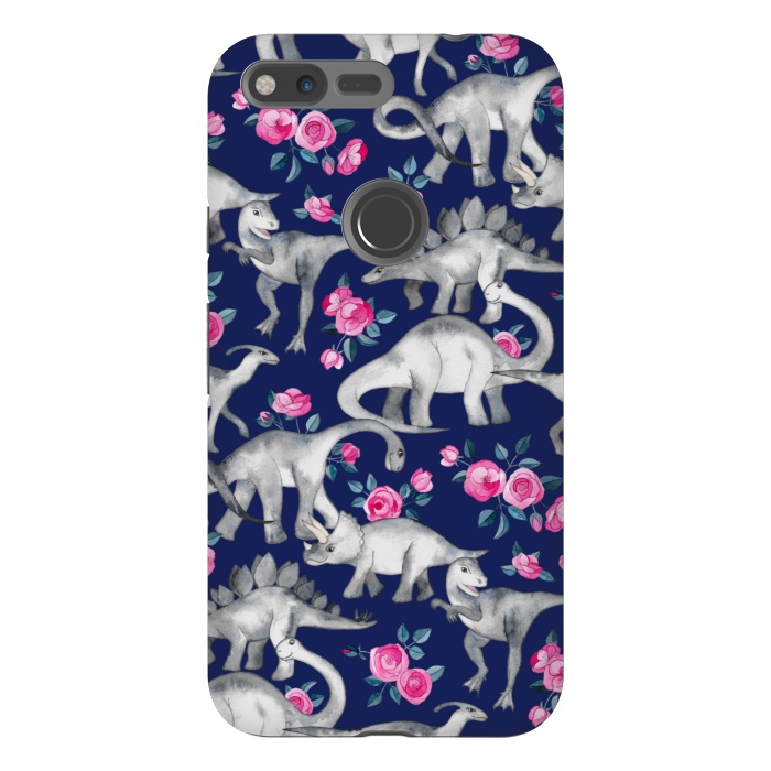 Pixel XL StrongFit Dinosaurs and Roses on Dark Blue Purple by Micklyn Le Feuvre
