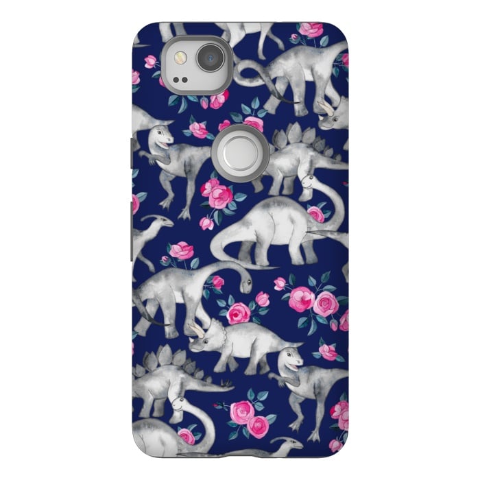 Pixel 2 StrongFit Dinosaurs and Roses on Dark Blue Purple by Micklyn Le Feuvre