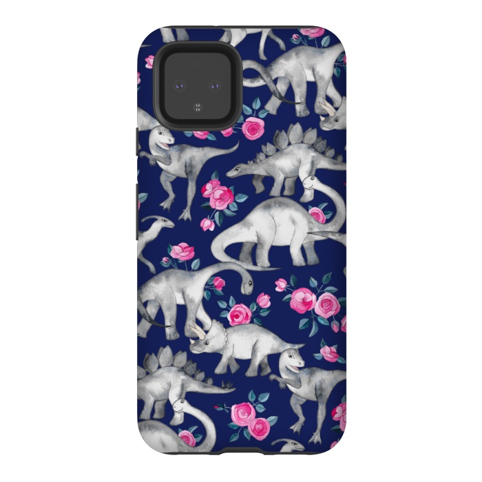 Pixel 4 StrongFit Dinosaurs and Roses on Dark Blue Purple by Micklyn Le Feuvre